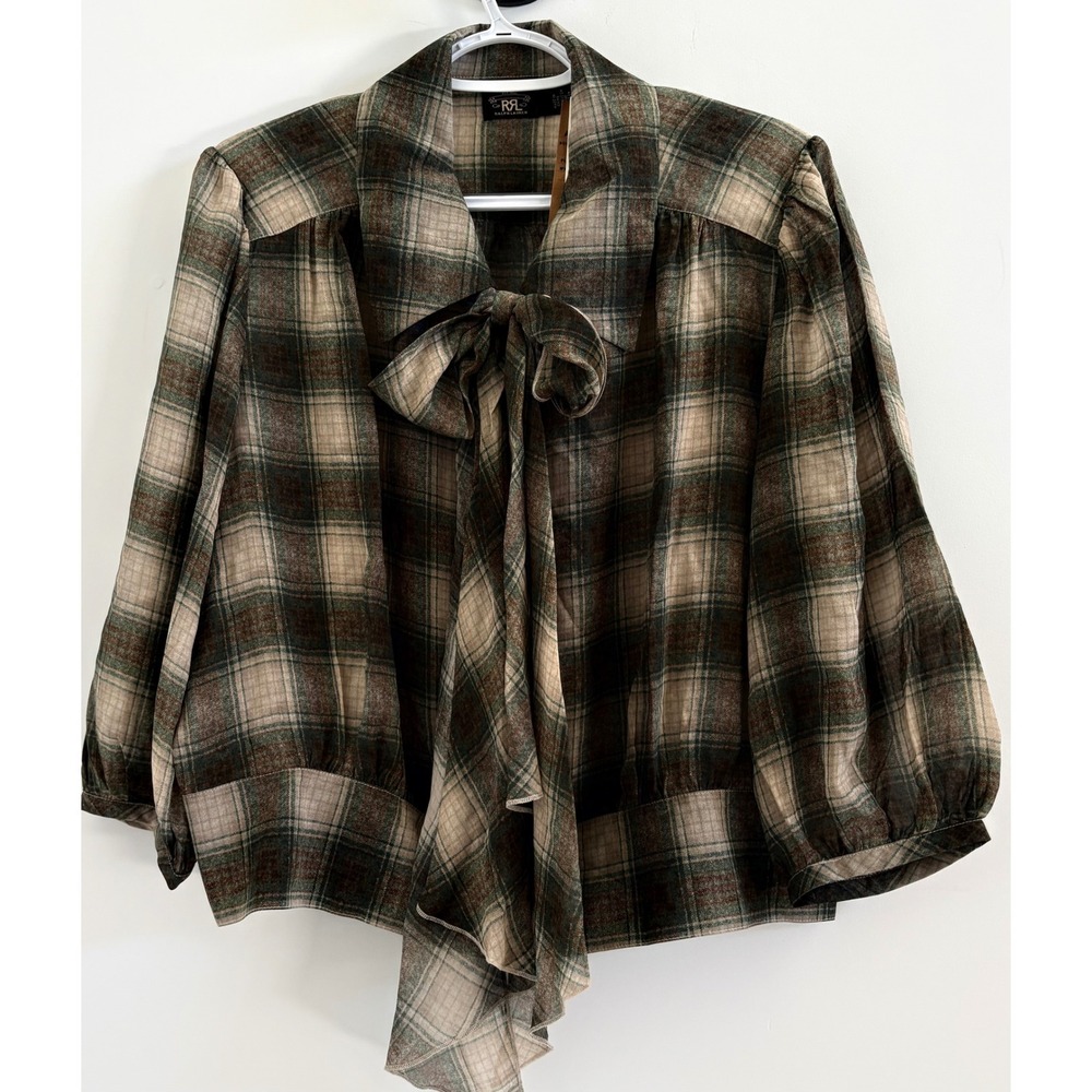 Double RL Ralph Lauren Plaid Silk Blouse Olive Green Puff Sleeve Size 4 NWT